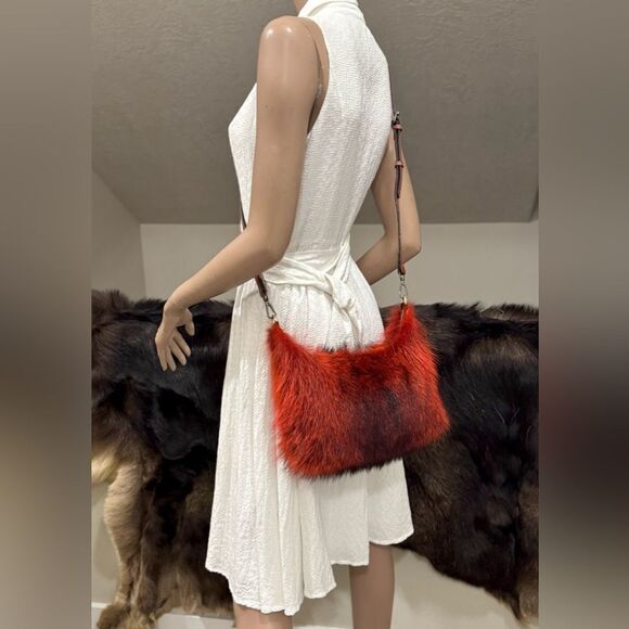 Burnt Orange Real Raccoo Fur Slouchy Bag/Hobo Bag/ Crossbody/Multi Use Style - Picture 4 of 16